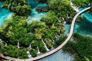 Parc national de Plitvice en Croatie. Des passerelles qui traversent les cascades et les lacs bleus. Activité à faire en famille pour des vacances réussies.