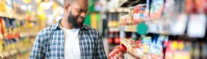 Un homme aux courses qui lit les étiquettes nutritionnels.