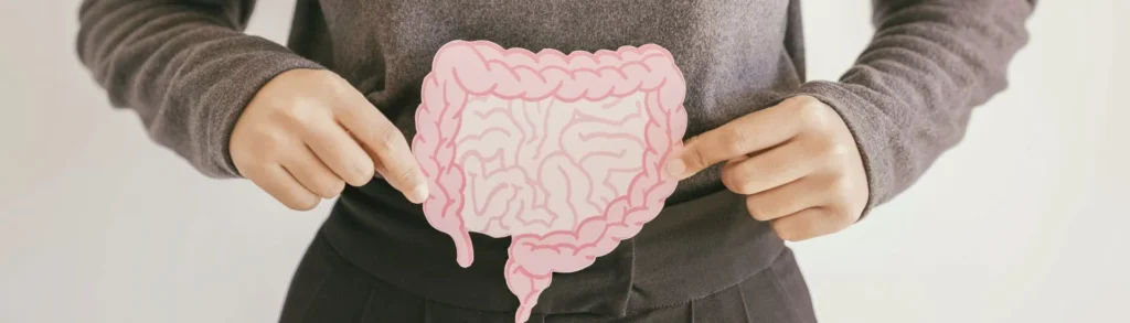 Une jeune femme tient une image d'intestins devant son ventre en signe de digestion.