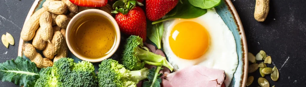 Une assiette typique d'un menu IG bas : un œuf sur le plat, des brocolis, du jambon, et des fraises.