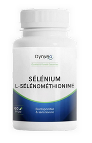 Flacon d'un complément alimentaire de sélénium de la marque Dynveo sous forme de l-sélénométhionine.