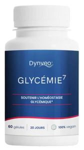 Flacon d'un complément alimentaire contre la glycémie de la marque Dynveo.