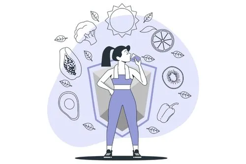 Illustration d'une jeune femme ayant un système immunitaire renforcé grâce à une bonne hygiène de vie.