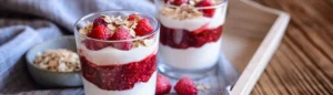 Des verrines yaourt et framboises pour un goûter IG bas express.
