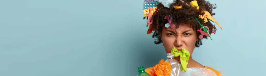 Une femme avec des plastiques sur le corps qui représentent les perturbateurs endocriniens du quotidien (eau en bouteille, jouets, médicaments, cosmétiques, etc.)