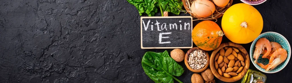 Aliments riches en vitamine E sur une ardoise (crevettes, huiles, noix, oléagineux, etc.)