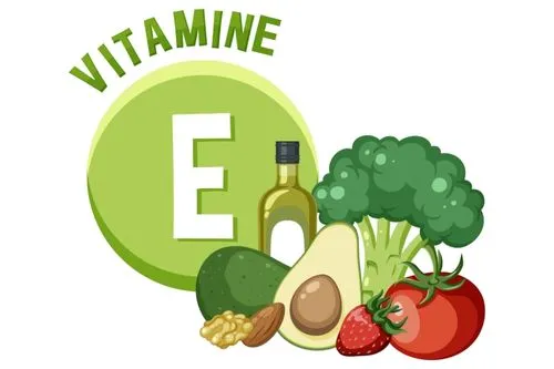 Illustration d'aliments riches en vitamine E (brocolis, huile, avocat, noix, etc.)