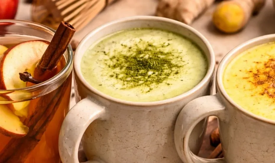 Des recettes de boissons chaudes : golden latte, latte caramel vanille, matcha latte, jus de pommes chaud, etc.