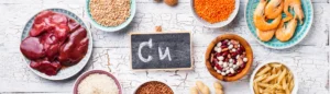 Des aliments riches en cuivre sur une table (crevettes, foie, légumineuses, oléagineux, graines, etc.)