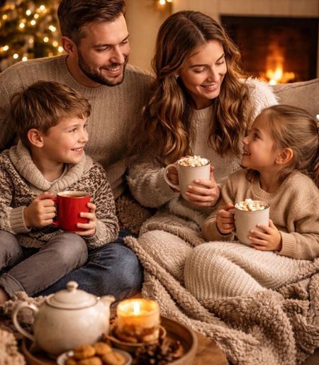 Une famille qui boit des boissons chaudes sur leur canapé et sourient.