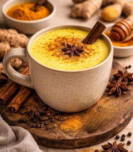 Golden latte à base de curcuma en poudre et de lait et d'épices dans une tasse en céramique posé sur un morceau de bois.