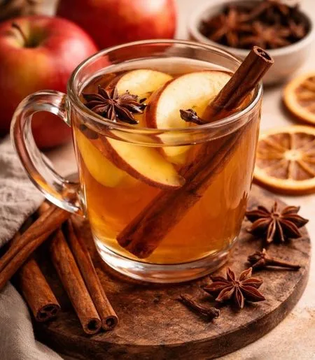 Jus de pomme chaud, cannelle et étoile de badiane dans une tasse en verre posé sur un morceau de bois. L'une des meilleures boissons chaudes en hiver.