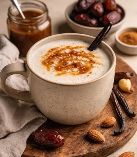 Boisson chaude à base de lait d'amandes infusé à la vanille et caramel de dattes dans une tasse en céramique posé sur un morceau de bois.