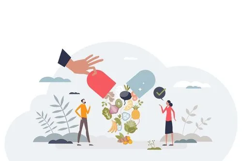 Illustration des antioxydants : une gélule s'ouvre et déverse des aliments bons pour la santé (fruits et légumes).