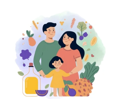 Illustration d'une famille qui s'alimente sainement
