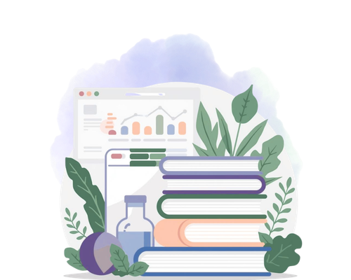 Illustration d'études scientifiques, des piles de livres, des plantes, des statistiques.