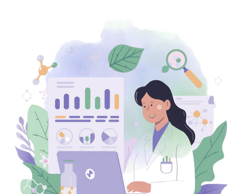 Illustration d'une femme scientifique qui lit des méta analyses.