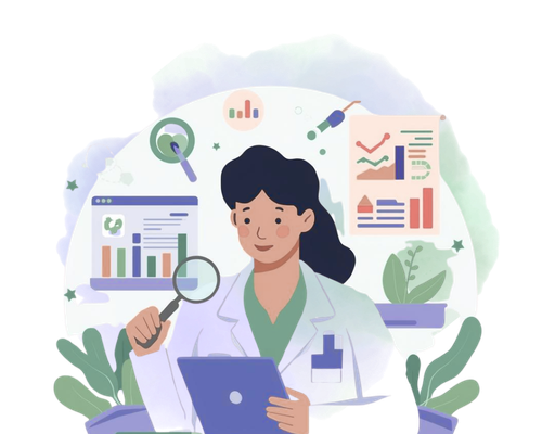 Illustration d'une femme qui relit avec une loupe des données scientifiques.