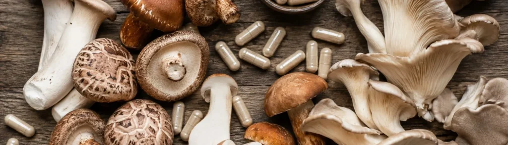 Une photo de champignons avec des gélules d'ergothionéine