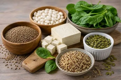 Des aliments végétaux riches en fer : tofu, lentilles, céréales, etc.