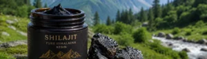 Un pot de shilajit devant un paysage de montagne