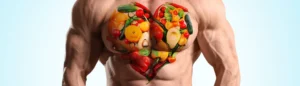Un torse d'homme musclé avec des légumes illustrés dessus. L'homme fait du sport en étant végétarien.