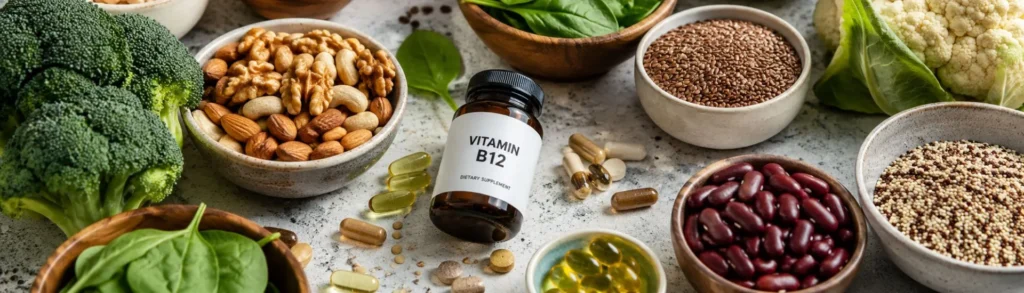 Une boite de complément alimentaire pour végétarien entourée de légumes et légumineuses.