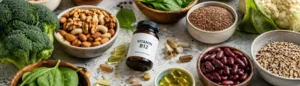 Une boite de complément alimentaire pour végétarien entourée de légumes et légumineuses.