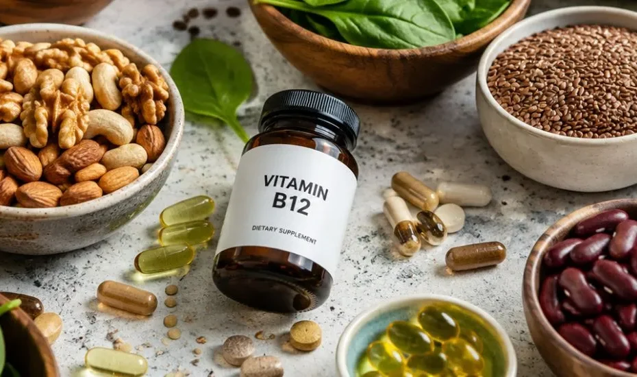 Une boite de complément alimentaire pour végétarien entourée de légumes et légumineuses.