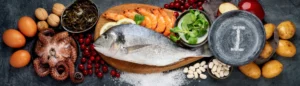 Aliments riches en iode : poissons, crustacés, algues, sel, etc.