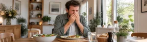 Un homme à table qui se mouche après avoir éternuer plusieurs fois.