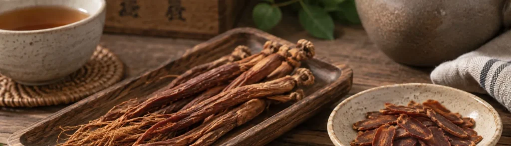 Photo de racines de ginseng rouge sur une table en bois avec une infusion de ginseng.