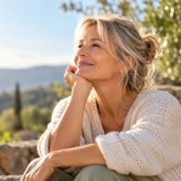 Une femme senior heureuse dans la nature, elle sourit.