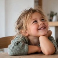 Une petite enfant regarde en l'air, amusée.