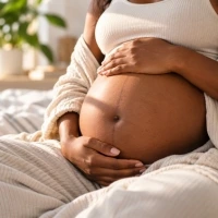 Une femme enceinte qui tient son ventre à 8 mois de grossesse.
