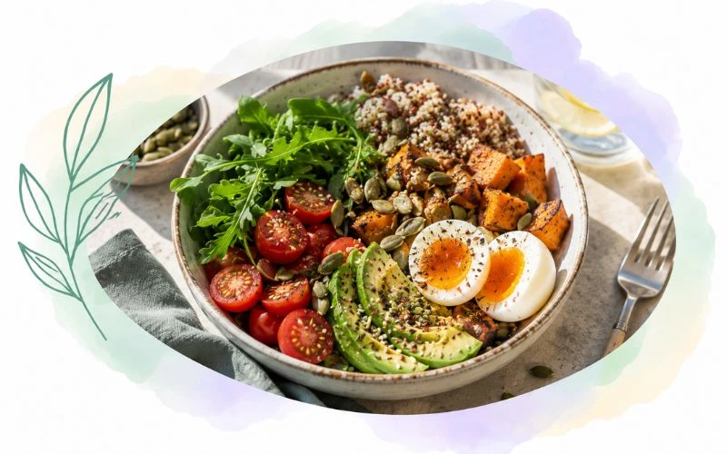 Illustration d'une bonne alimentation, une assiette riche en légumes et protéines.
