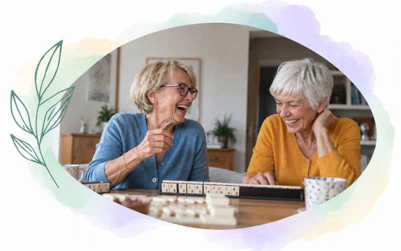 Illustration de deux femmes seniors qui rigolent et jouent ensemble.