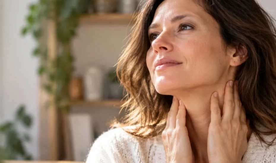 Une femme qui tient son cou en signe d'hypothyroïdie.